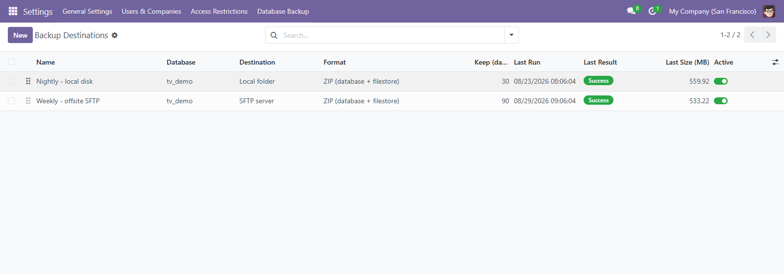 A destination's settings: target, credentials held outside the manifest, retention in days, and archive verification.