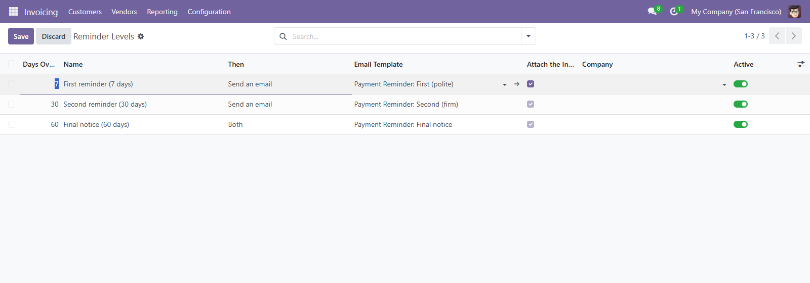 A reminder level: its day threshold, whether it sends an email, raises an activity or both, and whether invoices are attached.