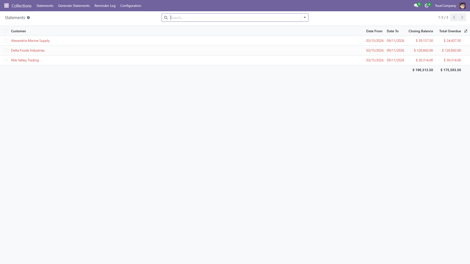 Generated statements listed per customer, each with its own period and closing balance.