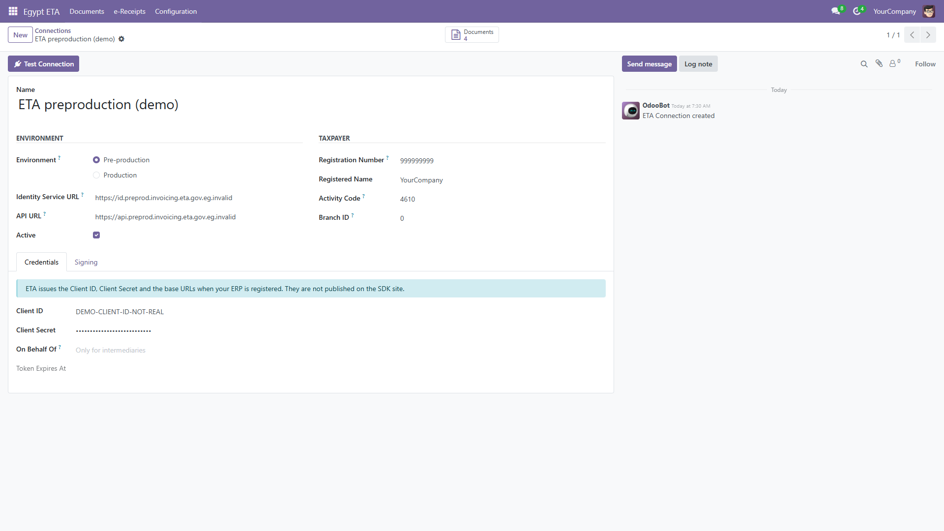 The ETA connection in pre-production with the client secret masked and demo .invalid URLs, since no live account exists.