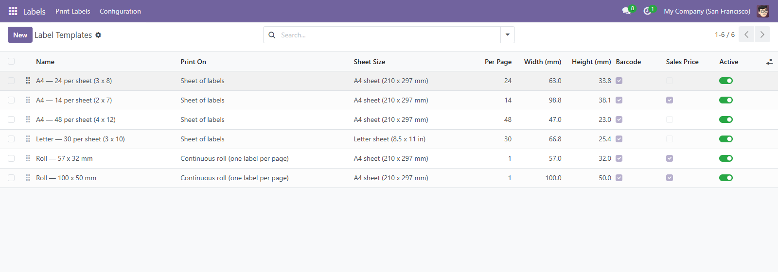 A template's layout: sheet size, columns and rows, margins, gaps, label dimensions, what is printed on the label and the barcode symbology.