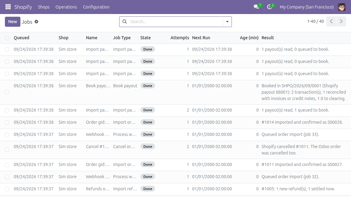 The job list: every webhook, import, shipment, refund and payout as a job with its attempts and its result in words.