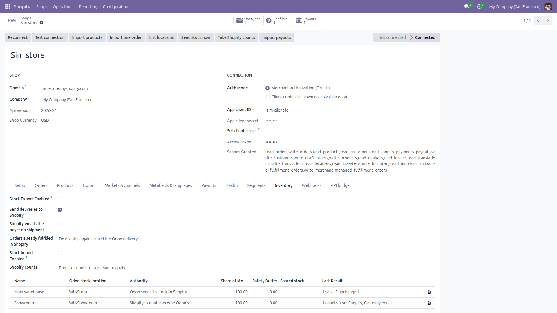 The simulator shop, connected, with the bridge's List locations, Send stock now and Take Shopify counts buttons, the delivery settings, and each location's stock share and last result. Secrets are masked.