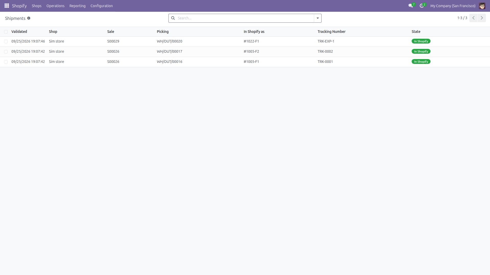 Three validated deliveries sent to the simulated Shopify as fulfillments, each with its tracking number, all In Shopify.