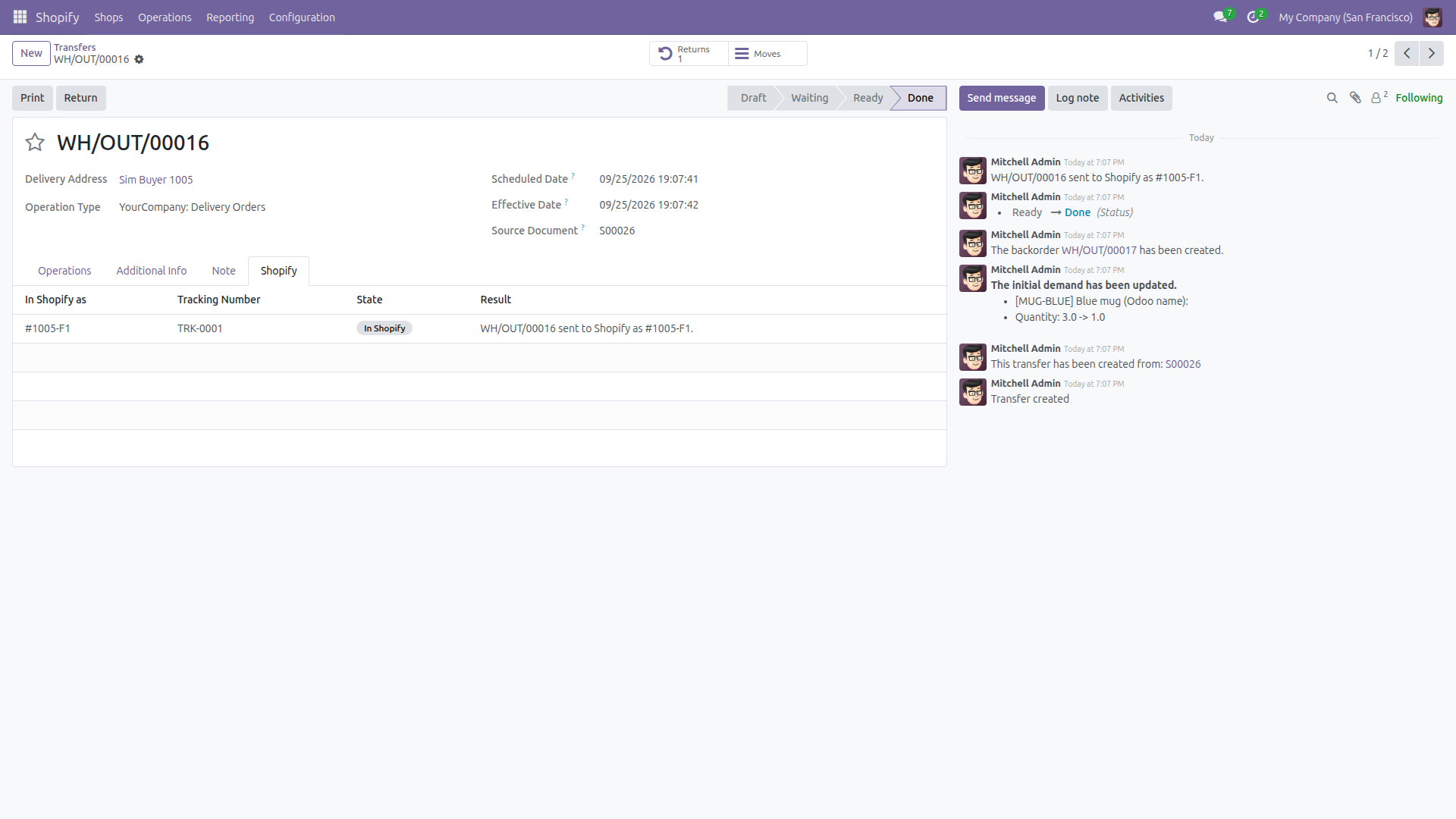 A done delivery with the bridge's Shopify tab, showing the fulfillment it became in the simulated Shopify and its tracking number.
